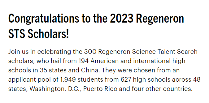 wcsBHSrl's tweet photo. HUGE congratulations to Jason for being selected as a Scholar in the Regeneron Science Talent Search! 300 students were selected from just under 2000 for this honor. His research is impressive and can't wait to see where it takes him! https://t.co/FptcTUQeWT