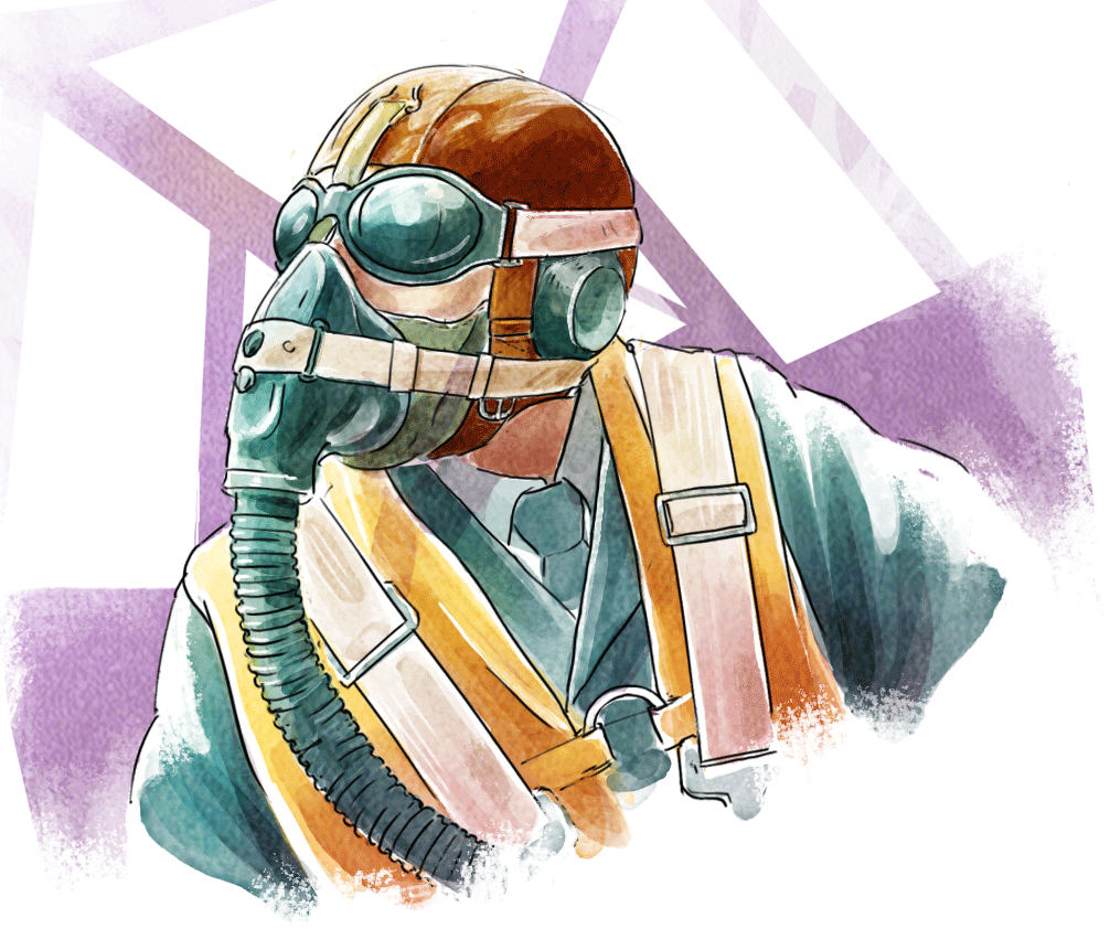 An illustration of a German WW2 pilot with goggles and a flight mask covering his face.