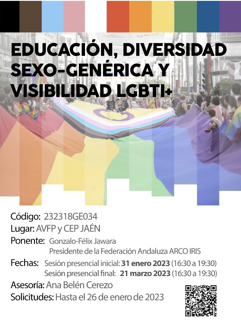 ¿Por qué no actualizarte en materia de igualdad y diversidad afectivo-sexual? Formación abierta a docentes y otros sectores de la Comunidad Educativa. 
Inscripciones hasta 26/01 a las 9:00h en acortar.link/lsqRYG
Enlace vídeo youtu.be/3USXWx7RRio.  <a href="/FormacProfAnd/">Servicio de Planes de Formación</a> <a href="/EducaAnd/">Consejería Desarrollo Educativo y FP</a>