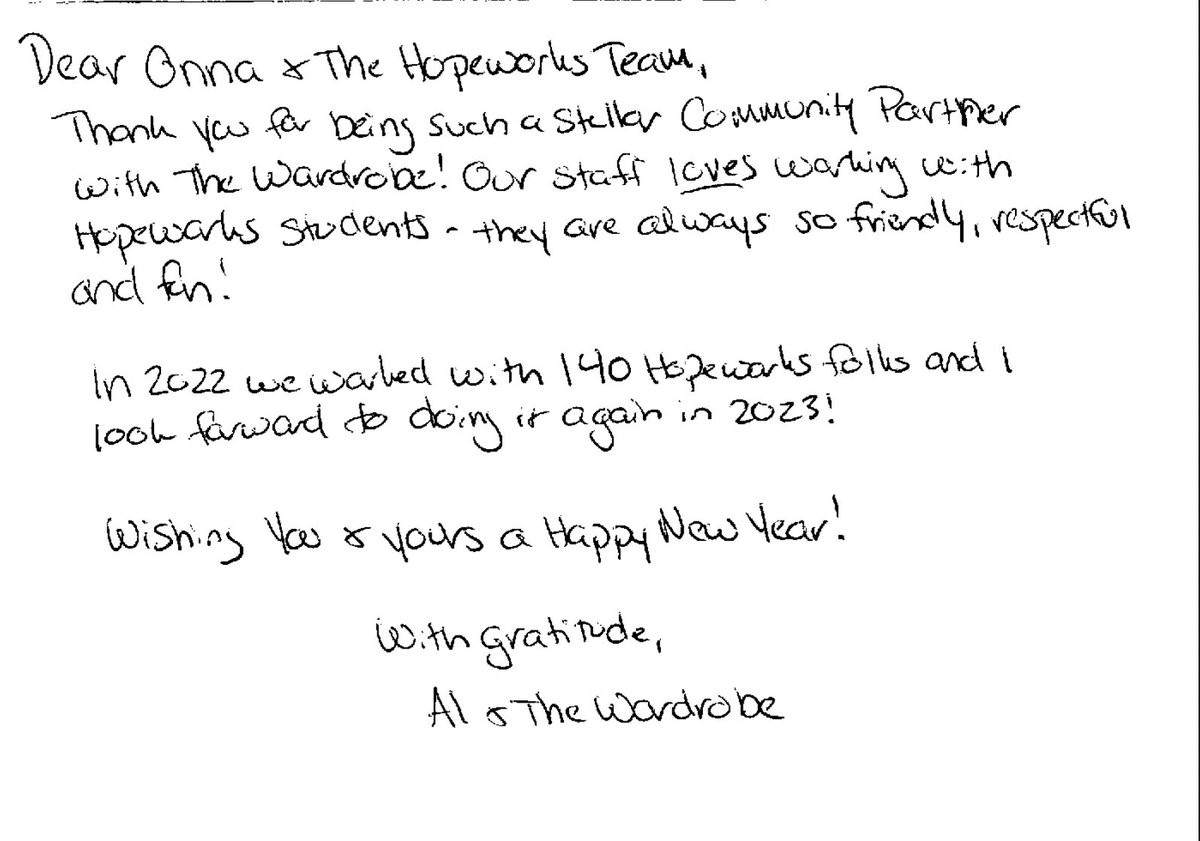 Check out this holiday card from our partners at <a href="/thewardrobeorg/">The Wardrobe</a>, which details how their organization helped provide professional clothing to 140 Hopeworks young people in 2022! 

These clothes have helped young professionals secure internship and job opportunities!