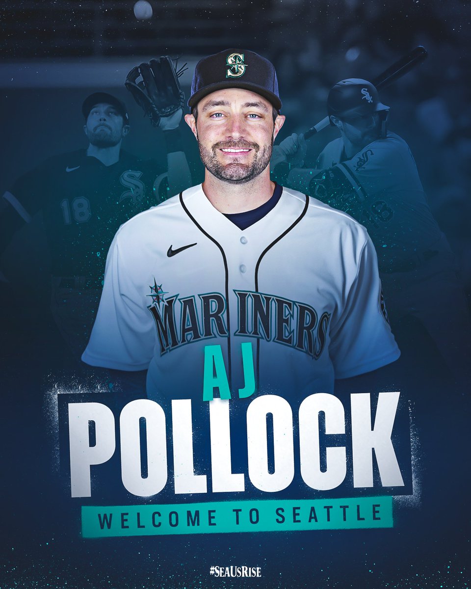 Mariners's tweet photo. Welcome to the squad, AJ! 

We have signed outfielder AJ Pollock to a 1-year Major League contract through the 2023 season. #SeaUsRise

🔗 https://t.co/Y7E7ByIx9B https://t.co/4Xqf72Hrr1