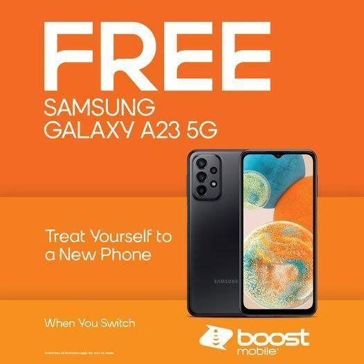 BoostBarker's tweet photo. Treat yourself to a FREE Samsung Galaxy A23 5G when you switch to #BoostMobile. You’ll get the power of a #SamsungA23 on America’s largest 5G networks, but this is a limited-time offer, so jump on this deal soon. See your local store for details. 17904 West Little York Houston https://t.co/vxgQA3DoXH
