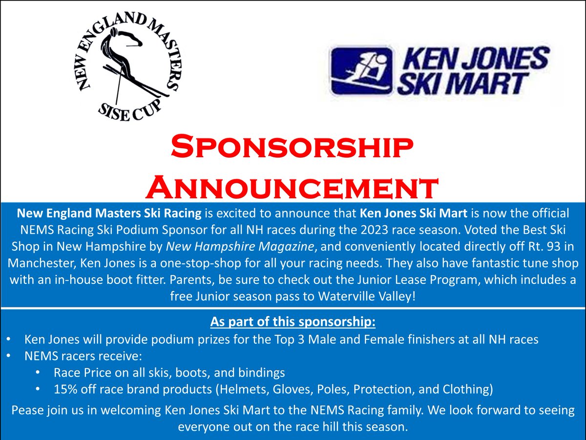 NEMSRacing's tweet photo. @kenjonesskimart is a one-stop-shop for all things skiing. Even better is NEMS racers receive Race Form pricing on ski racing equipment (skis/boots/binding) &amp; 15% off other goods. So if you need something be sure to check @kenjonesskimart out first. #nemsracing #kenjonesskimart https://t.co/gBYC0OA0YO