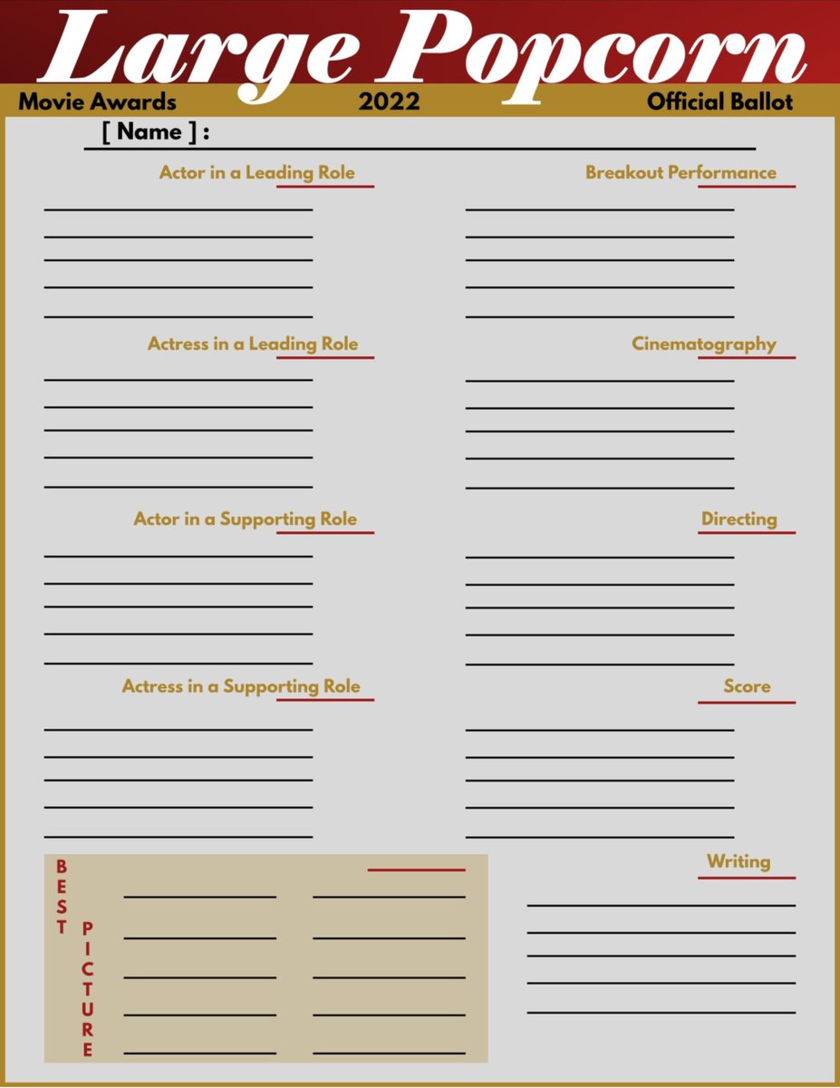 LargePopcornPod's tweet photo. Only a few short weeks until the nominees for the Large Popcorn Movie Awards are announced

Here is the official ballot that went out to our academy members 🗳️

What movies do you hope make the list?
Who would you nominate?
And which 2022 films do you still have to see?

#LPMA 🍿 https://t.co/I8kqlDwU6m