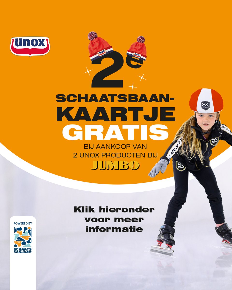 Tweede schaatskaartje gratis! Vanaf 1 januari t/m 31 januari krijg je bij Unox jouw tweede schaatsbaankaartje gratis! Hiermee kun je op bijna alle kunstschaatsbanen in Nederland gaan schaatsen. ⬇️ unox.nl/acties/schaats…