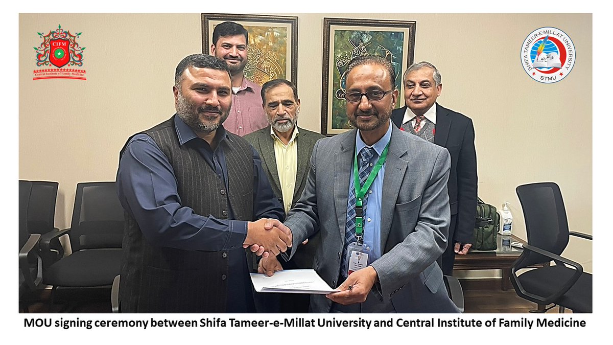 MOU Signing Ceremony between shifa Tamer-e-Millat University and Central Institute of Family Medicine 
Prof. Nasir Shah, President CIFM
Prof. Muhammad Amir
Dean, Shifa College of Medicine and Dentistry
Prof. Muhammad Iqbal
VC, Shifa Tameer e Millat University
Dr. Usman Hamdani