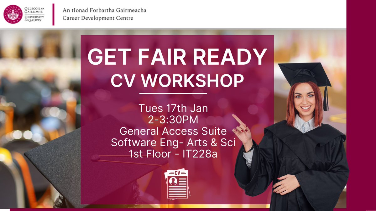 GalwayCareers's tweet image. Work on your CV with help from the @GalwayCareers team in this interactive workshop from 2pm Tues 17th Jan in PC Suite 228a - booking advised
nuig.gradireland.com/leap/event.htm…
#employability #getjobready