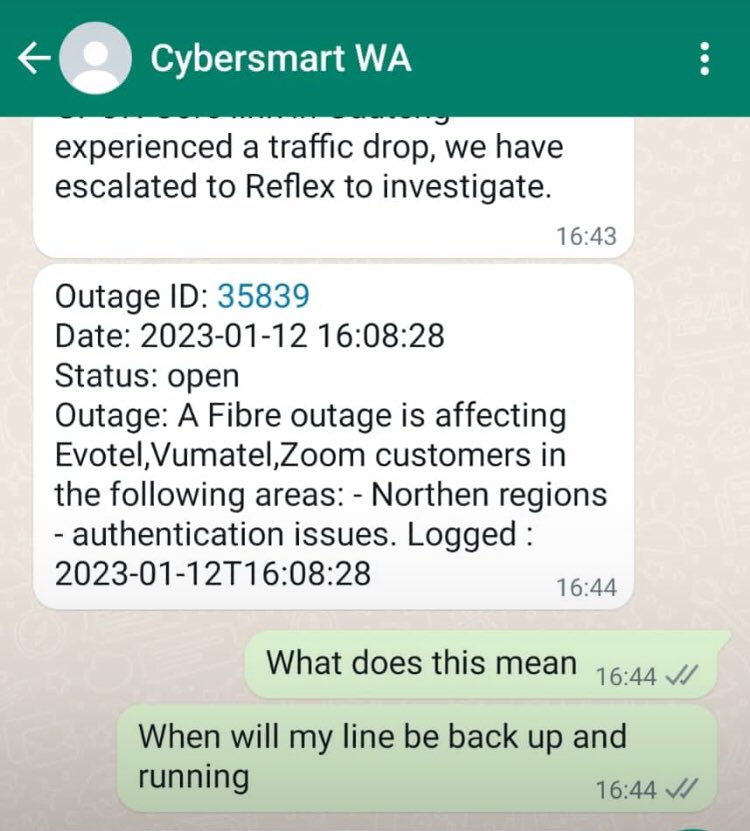 Bathobile__M's tweet photo. Our Internet has been down since 15:30 and mind you, we work from home. When we try to find out what the issue is, @CyberSmartAfric ISP agents responds like this? What does this even mean? When are we getting our internet connection back🤬🤬🤬. @vumatel someone must account. https://t.co/j99Ez0VYHH