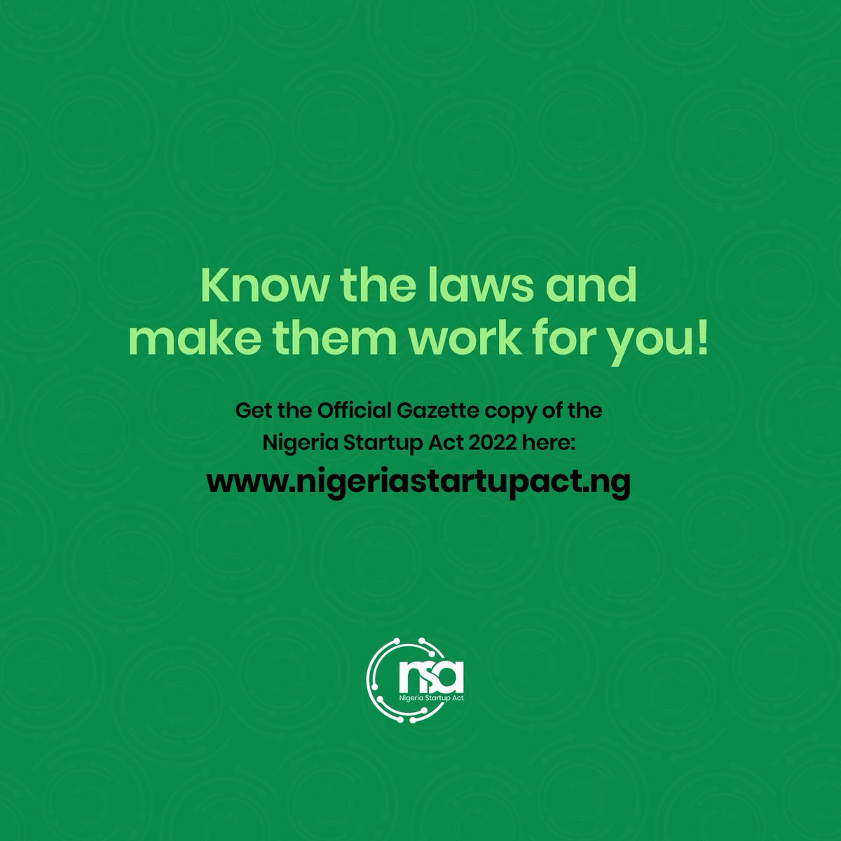StartupActNg's tweet photo. Do you have a copy of the Act? Download the Official Gazette copy of the Nigeria Startup Act, 2022 from our website: https://t.co/nQQH5EommT
Stay learning.
#NSA #MakingLawsWork #9jaStartup #actfortheyouths #NigeriaStartupAct #ActSpotlight https://t.co/MTMR659qkk