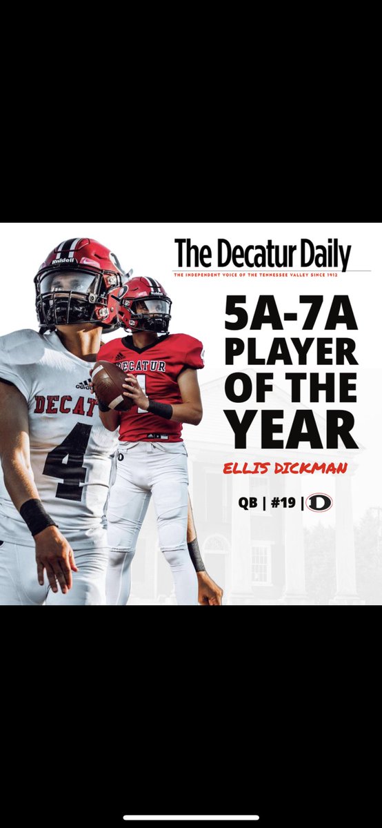 Congratulations to Quarterback Ellis Dickman (<a href="/DickmanEllis/">Ellis Dickman</a>) for being named the <a href="/decaturdaily/">The Decatur Daily</a> 5A-7A Player of the Year! #RRN