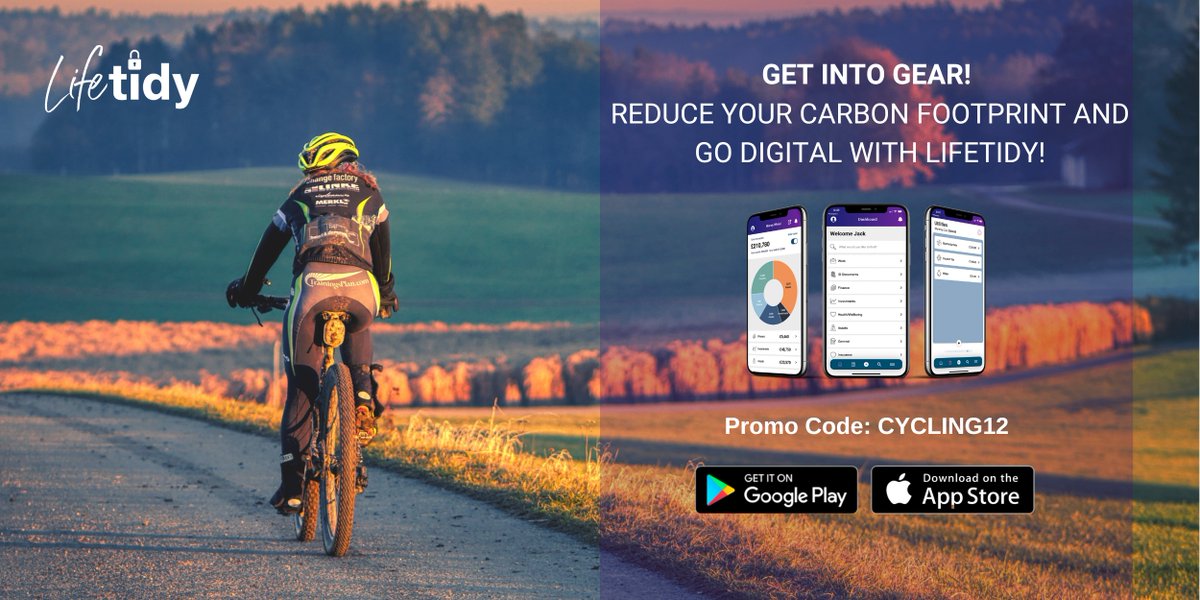 Get into gear and let LifeTidy make life admin an easy ride for you! From tracking personal finances and managing travel info, to storing your registration form for your next century, have it all at your fingertips! 
Use our promo code CYCLING12 &amp; download the LifeTidy app today!