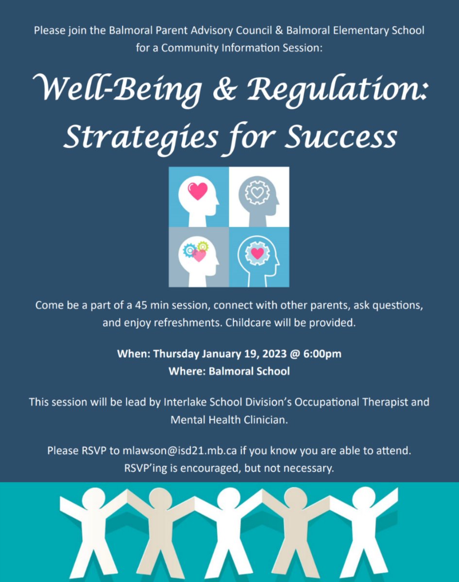 Parents and caregivers are welcome to attend a well-being and regulation session at Balmoral School on Thursday, January 19th at 6:00 p.m.