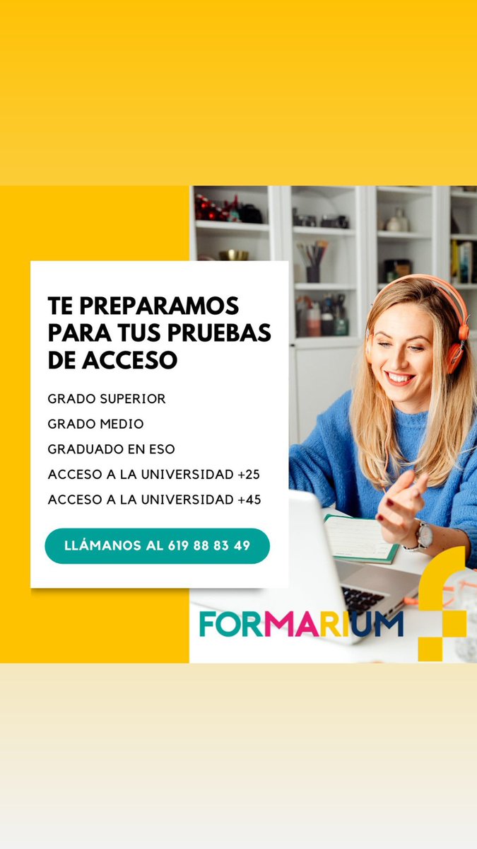 Formarium_'s tweet photo. Te preparamos para tus pruebas de acceso:
✏️ Pruebas de acceso a Grado Superior/Medio
✏️ Graduado en Eduación Secundaria Obligaria
✏️ Acceso a la Universidad para mayores de +25 +45
Llámanos al 619 88 83 49 y empieza ya!
#formacion #pruebaspau25 #pruebasdeacceso2023 #formarium https://t.co/aSJcEOKgDY