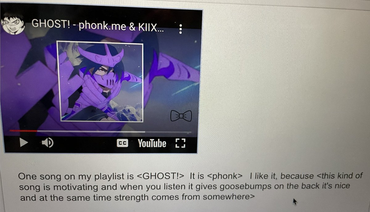 MissPotter16's tweet photo. Launched a lesson on music related vocabulary for our newcomers by creating our Spotify playlists.  The students loved it, and I learned so much more about them!  This student's translation of why he enjoyed one of his songs gave me "goosebumps!" So poetic. ❤️  @D59Friendship https://t.co/6pjLj8hq8s