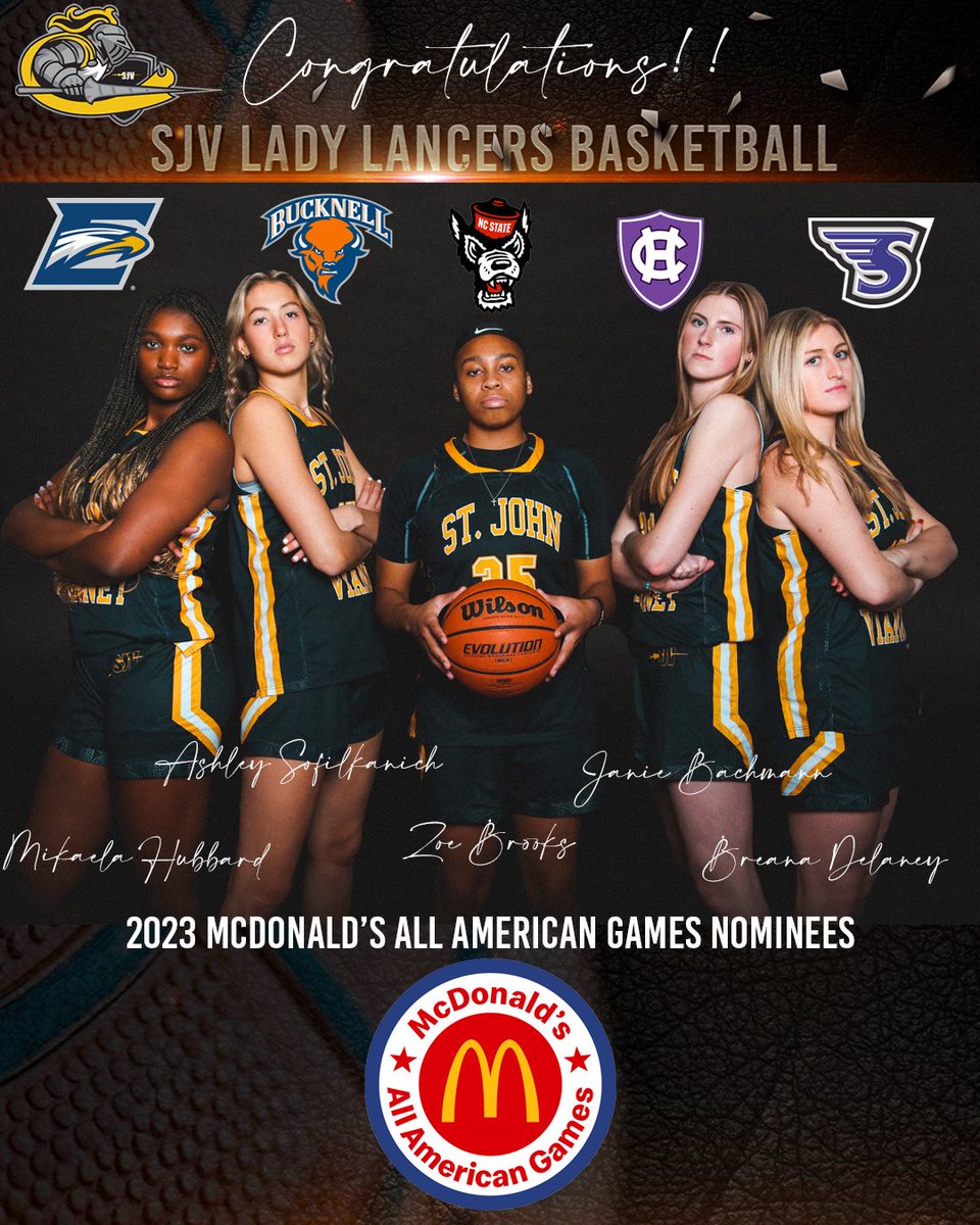 SJV Lady Lancers Basketball (@sjvladylancers) on Twitter photo Congrats to our 2023 McDonald's All American Games Nominees Breana Delaney, Zoe Brooks, Mikaela Hubbard, Janie Bachmann & Ashley Sofilkanich! We are so proud of you!! <a href="/sjvcoach/">Dawn Karpell</a> <a href="/breana_delaney/">Breana Delaney</a> <a href="/zoebrooks35/">Zoe Brooks</a> <a href="/mikaela_hubbard/">Mikaela Hubbard</a> <a href="/ImAshleySof/">Ashley Sofilkanich</a> <a href="/BachmannJanie/">janie bachmann</a> <a href="/SJVHS_Athletics/">Pat Smith</a> <a href="/SJVHS/">Saint John Vianney High School</a> Congrats to our 2023 McDonald's All American Games Nominees Breana Delaney, Zoe Brooks, Mikaela Hubbard, Janie Bachmann & Ashley Sofilkanich! We are so proud of you!! <a href="/sjvcoach/">Dawn Karpell</a> <a href="/breana_delaney/">Breana Delaney</a> <a href="/zoebrooks35/">Zoe Brooks</a> <a href="/mikaela_hubbard/">Mikaela Hubbard</a> <a href="/ImAshleySof/">Ashley Sofilkanich</a> <a href="/BachmannJanie/">janie bachmann</a> <a href="/SJVHS_Athletics/">Pat Smith</a> <a href="/SJVHS/">Saint John Vianney High School</a>