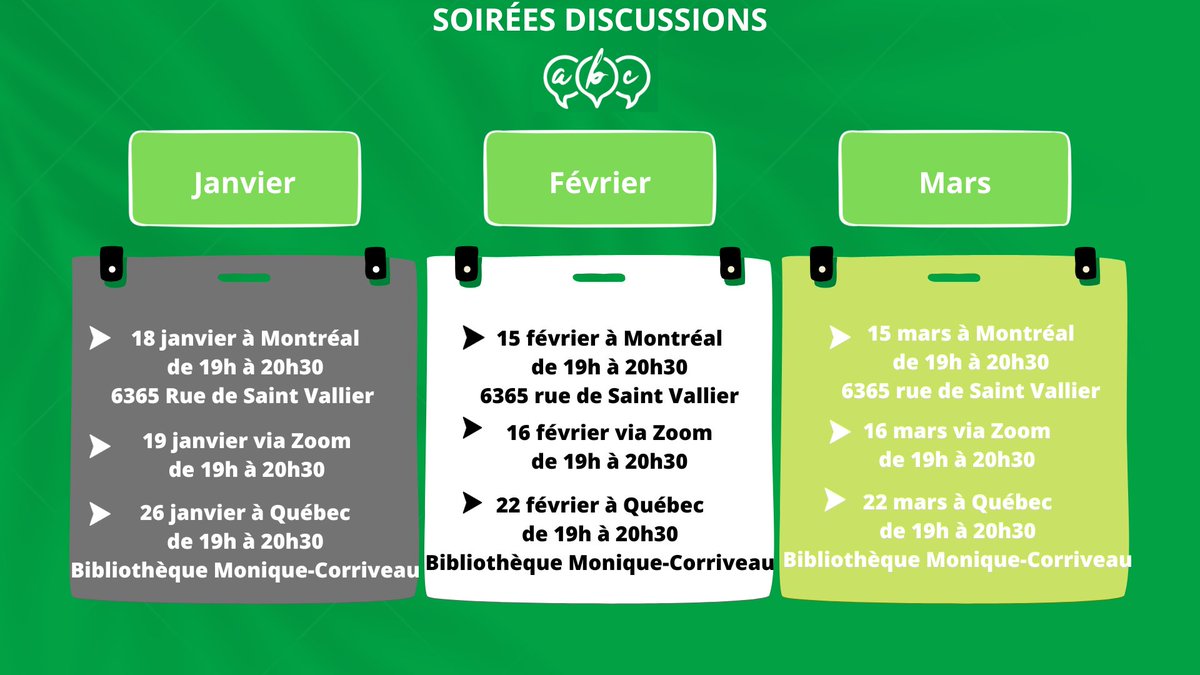 ABCbegaiement's tweet photo. Voici le calendrier pour les prochaines soirées discussions.
Que ce soit en virtuel ou en présentiel, venez jaser du bégaiement avec nous 🤗 https://t.co/9iOdNES1wj