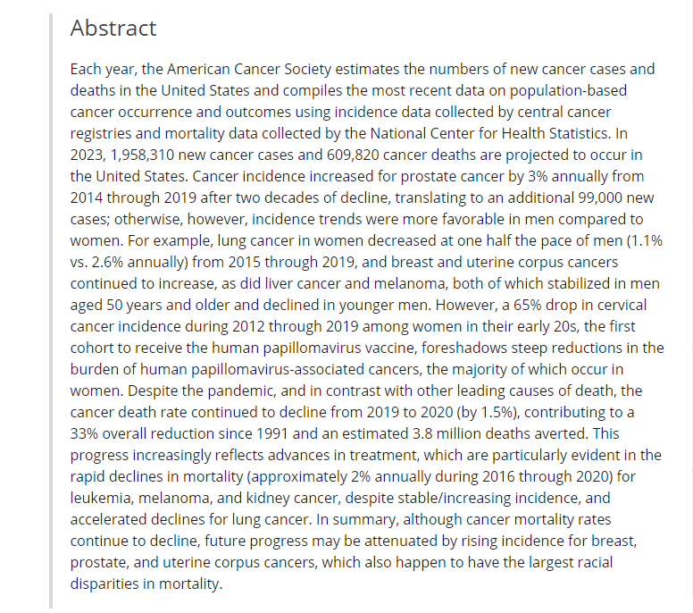 DrChoueiri's tweet photo. JUST IN: The paper we all quote every year is out: "Cancer statistics, 2023" @CAonline
Despite #COVID19, death continued to decline from 2019 to 2020 (-1.5%). This is a 33% overall reduction since 1991 &amp; estimated 3.8 million deaths averted!

https://t.co/i2jgts7anO

@OncoAlert https://t.co/gY5YIeXNsf