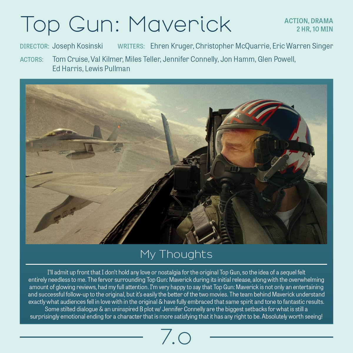 Umariffic's tweet photo. #2023MovieJournal
#4 of 2023 - #TopGunMaverick
Directed by: #JosephKosinski
Written by: #EhrenKruger, #ChristopherMcQuarrie, #EricWarrenSinger
Starring: #TomCruise, #ValKilmer, #MilesTeller, #JenniferConnelly, #JonHamm, #GlenPowell, #EdHarris https://t.co/1n1xrGZZpd