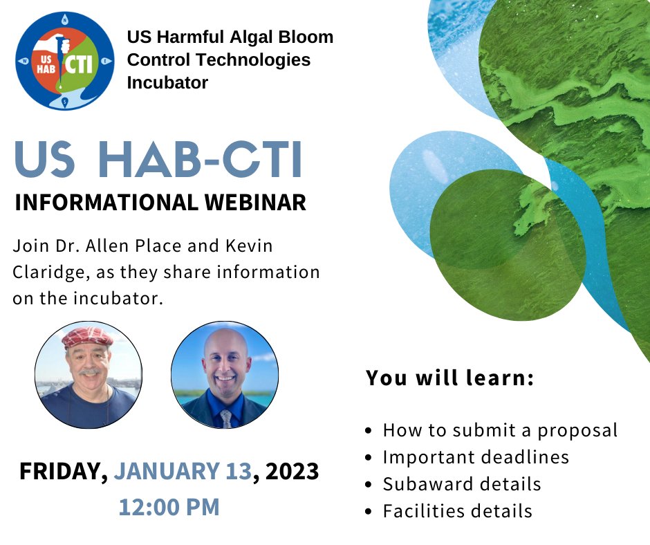 The objective of the US HAB-CTI is to fund extramural proof of concept, innovative #HarmfulAlgalBloom control tools and technology projects to assess their real-world feasibility. Register for the informational webinar to learn about the proposal process➡️bit.ly/3XieoVf