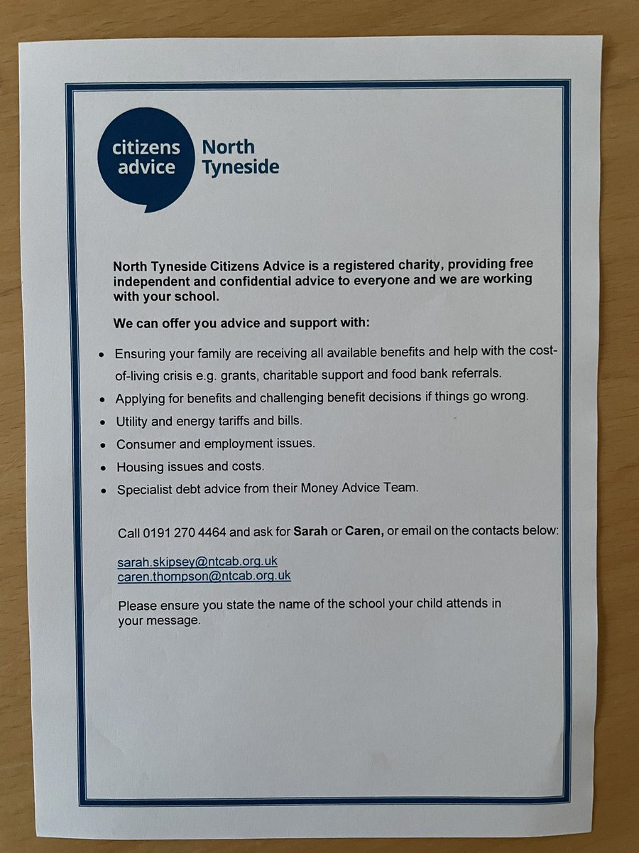 CITIZENS ADVICE BUREAU at FORDLEY PRIMARY - Drop ins Tuesdays 2:30pm-4:00pm (starting next week) #FordleyFamily @NTynesideCAB