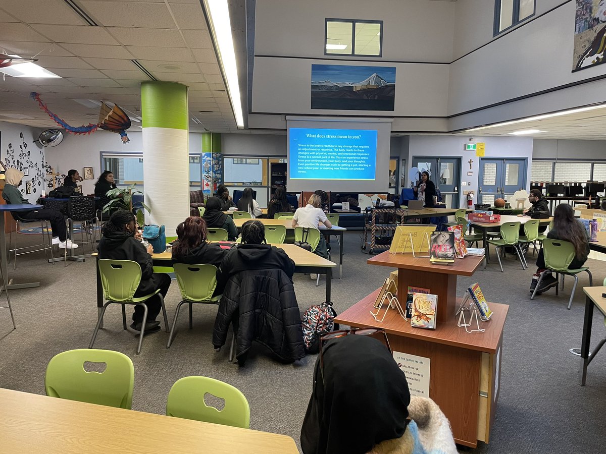 Ms_Siok's tweet photo. A huge thank you to our mental health worker @StPatricksOCSB Priya for leading our lunchtime workshop on coping and managing stress as we prepare for final exams! @OCSBSuccess #ocsbBeWell https://t.co/VA2k3mYVxz