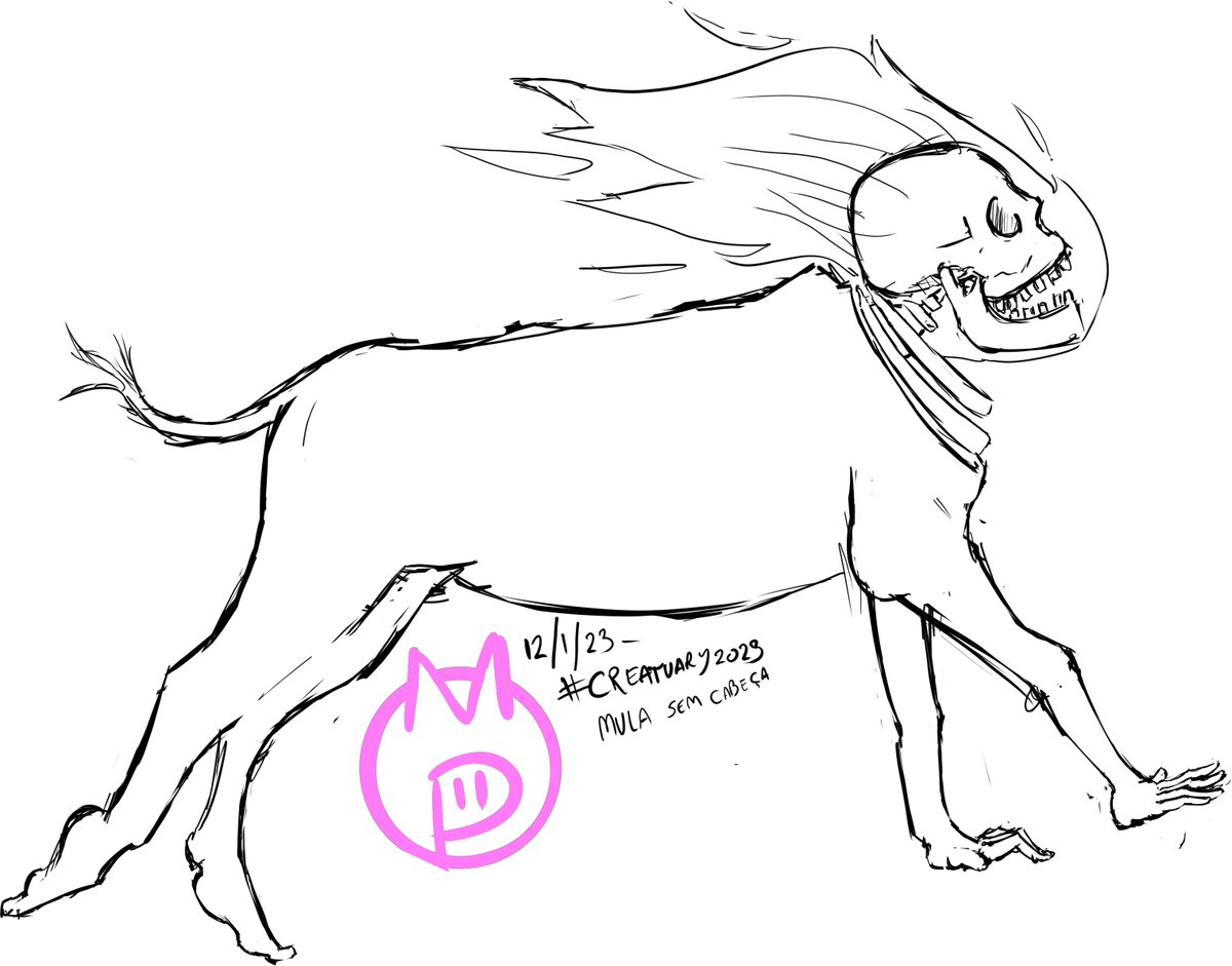 MilkyPork's tweet photo. #creatuary2023 #creatuary day 12 - The Mula-Sem Cabeça, or 'headless mule'; a mule with flame for a head, loud horseshoes, sobs like a human, and neighs so loudly it can be heard many meters away, with various origins, https://t.co/fczU1aSs7f