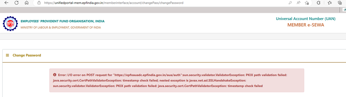 karthickvr's tweet photo. @socialepfo Facing issue while resetting the password. Can you please fix - error screenshot attached. Thanks #EPFO. https://t.co/KkNEYSTV6w