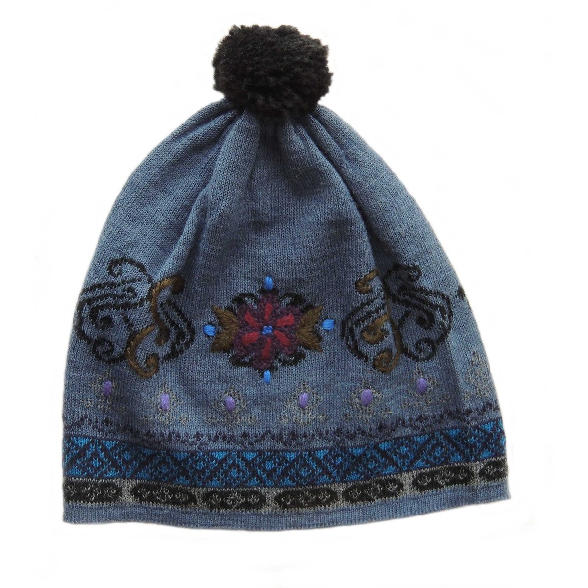 Women's beanie alpaca hat with pom pom and embroidered details, blue - black SALE!!!  only one left etsy.me/3isLi77 #alpacablendbeanie #womensbeanie #alpacabeaniehat #alpacahat #knittedhat #womenwinterbeanie #womensbirthdaygift