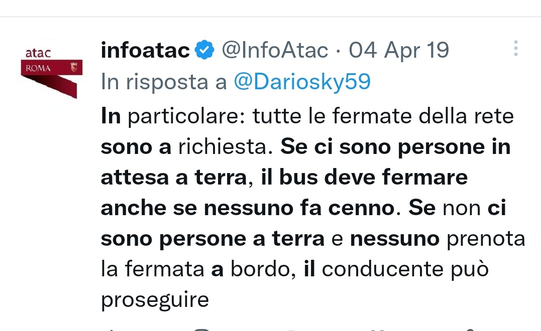 <a href="/SaraFitCoach/">Sara De Guidi - Fitness Coach</a> <a href="/TplRoma/">TPL Roma</a> <a href="/6RENZ/">Miami Bice</a> @RomaETutti <a href="/iltrenoromalido/">il treno roma lido</a> <a href="/alfredoferrante/">Alfredo Ferrante</a> <a href="/QuinziUgo/">Ugo Quinzi</a> <a href="/0561l/">Urbanway</a> <a href="/SiTro82/">🚲 Simone 🚲</a> <a href="/OQuotidianaBlog/">Odissea Quotidiana</a> <a href="/RiprendRoma/">Riprendiamoci Roma</a> <a href="/battaglia_persa/">Battaglia persa</a> La regola è chiara, anche se TROPPE volte NON viene rispettata

"Se ci sono persone in attesa a terra, il bus deve fermare anche se nessuno fa cenno"

Fermata "a richiesta" vale SOLO per le persone A BORDO

Lo scrive #ATAC stessa
⤵️