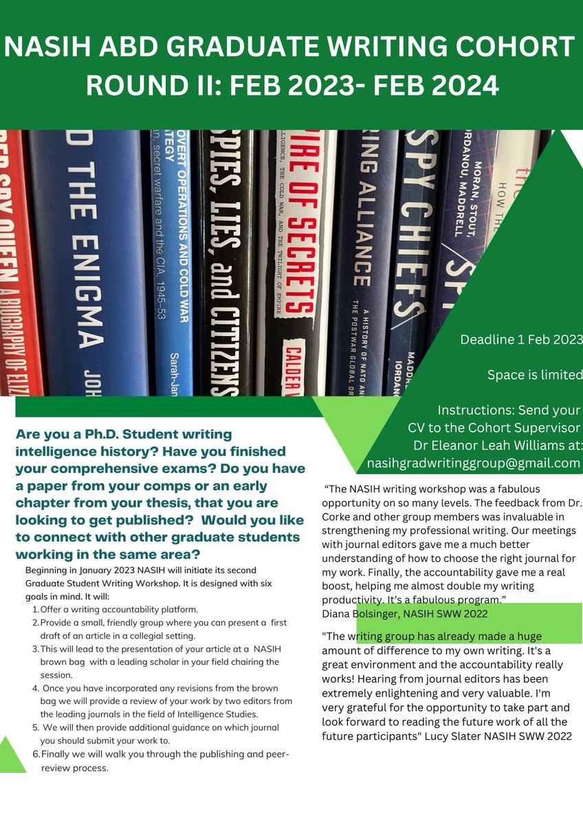Dr Eleanor Leah Williams (@leahelea) on Twitter photo 🚨Are you a PhD student in intelligence history who wants to publish their first journal article? Join the 2023 <a href="/SocIntelHist/">Society for Intelligence History</a> Writing Group!
Email me your CV: nasihgradwritinggroup@gmail.com
Deadline: 1 Feb 2023
More info here👇🏼
intelligencehistory.org/gradwritinggro…
Please share widely!! 🚨Are you a PhD student in intelligence history who wants to publish their first journal article? Join the 2023 <a href="/SocIntelHist/">Society for Intelligence History</a> Writing Group!
Email me your CV: nasihgradwritinggroup@gmail.com
Deadline: 1 Feb 2023
More info here👇🏼
intelligencehistory.org/gradwritinggro…
Please share widely!!