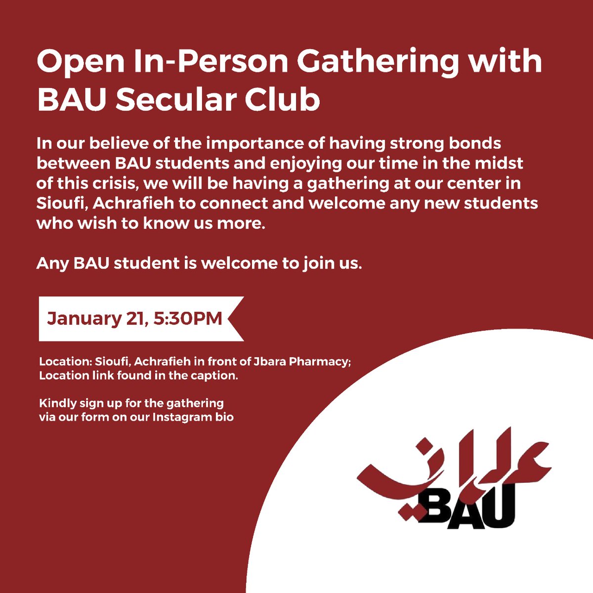 Open In-Person Gathering with the BAU Secular Club

Registration form: forms.gle/ZEvQSzurHUADJ9…

Location: goo.gl/maps/v9KpSVpvV…