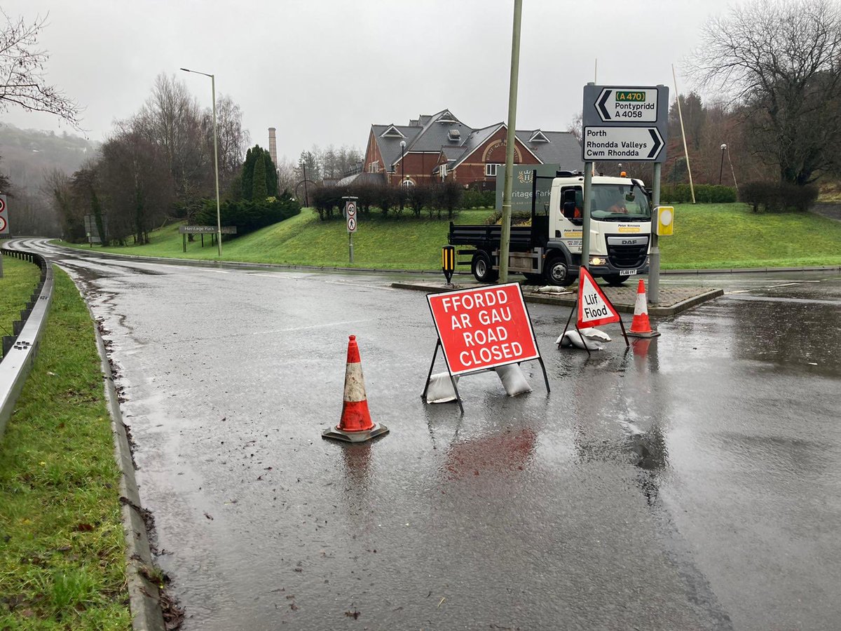 Storms cause flooding and power cuts. Road closures in Porth and an unwanted water hazard at a golf driving range. Pro and manager of Hensol Golf Academy, Aled Griffiths, says “I’ll need to take up swimming instead of golf to retrieve the balls.”