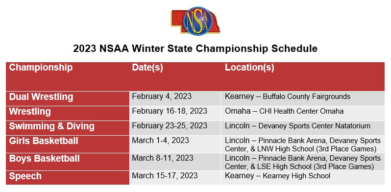 Mark your calendars for the 2023 NSAA Winter State Championships!

Head over to the NSAA website for Championship specific information - nsaahome.org. #nebpreps