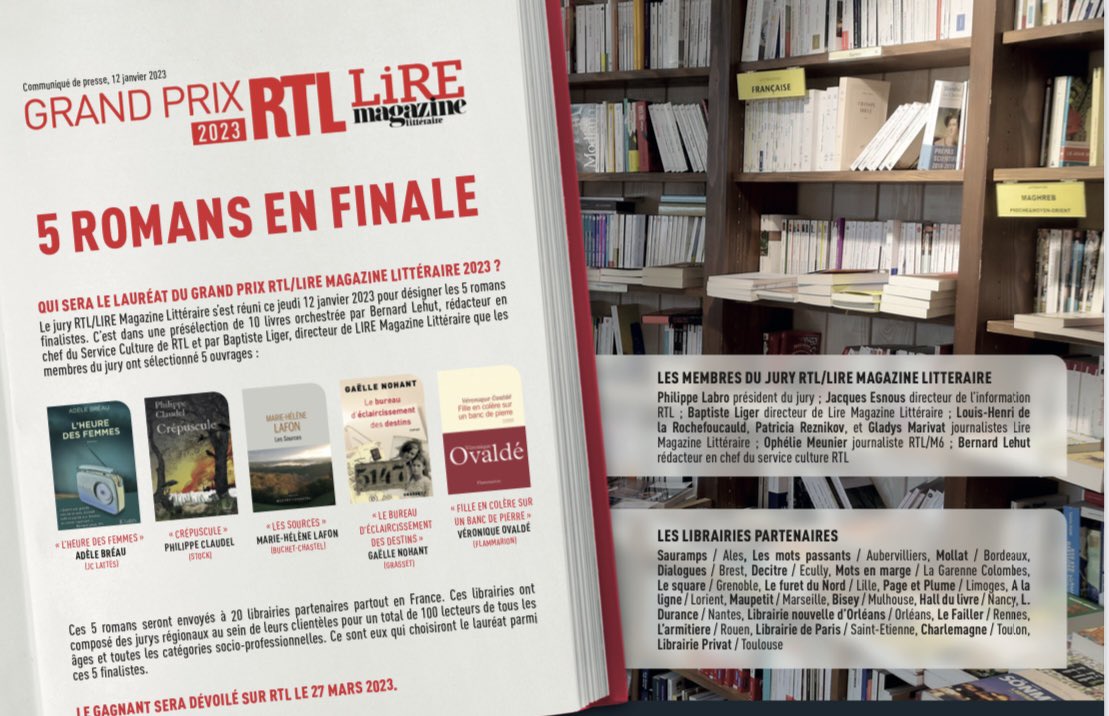 PrixRTLLire_ML's tweet photo. Finalistes2023
Adèle Bréau #Lheuredesfemmes @editionsLattes
Philippe Claudel #Crépuscule @EditionsStock
Marie-Hélène Lafon #Lessources @buchetchastel
Gaëlle Nohant #Lebureaudéclaircissementdesdestins @EditionsGrasset
Véronique Ovaldé #Filleencolèresurunbancdepierre @Ed_Flammarion https://t.co/Ei4MeQNzah