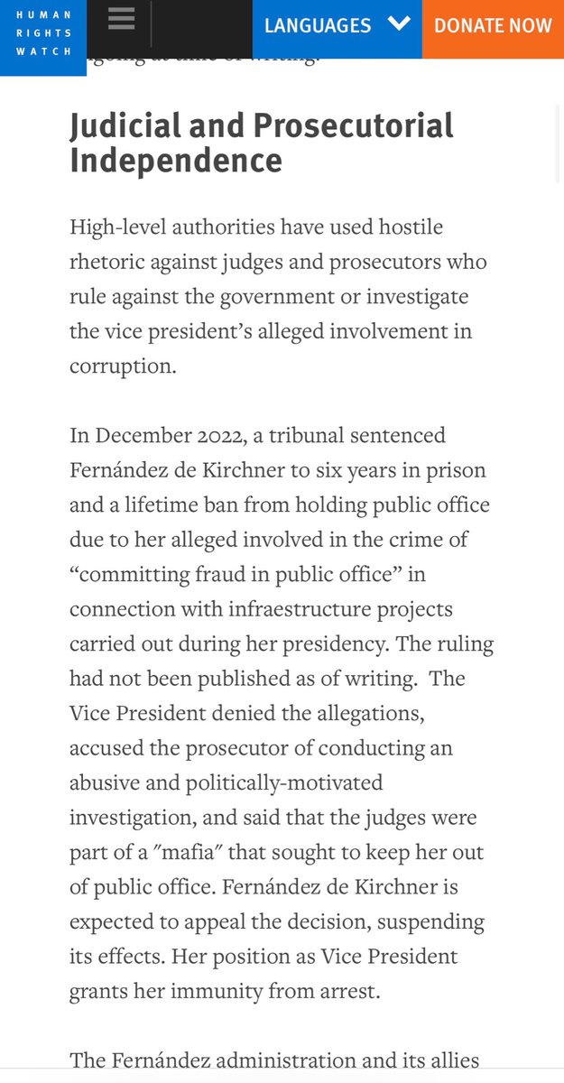 Analia_Marsella's tweet photo. #Argentina | Puntos destacados del informe #2023 del organismo de #DerechosHumanos Human Rights Watch @hrw: injerencias indebidas del Presidente y Vicepresidente condenada por #corrupción en el Poder Judicial, afectación de la #LibertadDePrensa y #LibertadDeExpresión, #Pobreza. https://t.co/XLqKgZqmpK