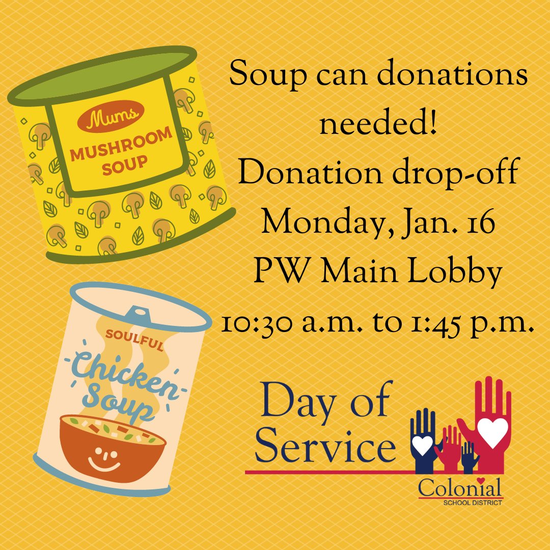 Colonial_SD's tweet photo. Today, we honor the life and legacy of Dr. Martin Luther King Jr. Our students will be collecting soup can donations as part of our Day of Service event. Stop by with a can or two and we'll donate to the Colonial Neighborhood Council. #MakingaDifferenceinCSD https://t.co/507eMTohgw