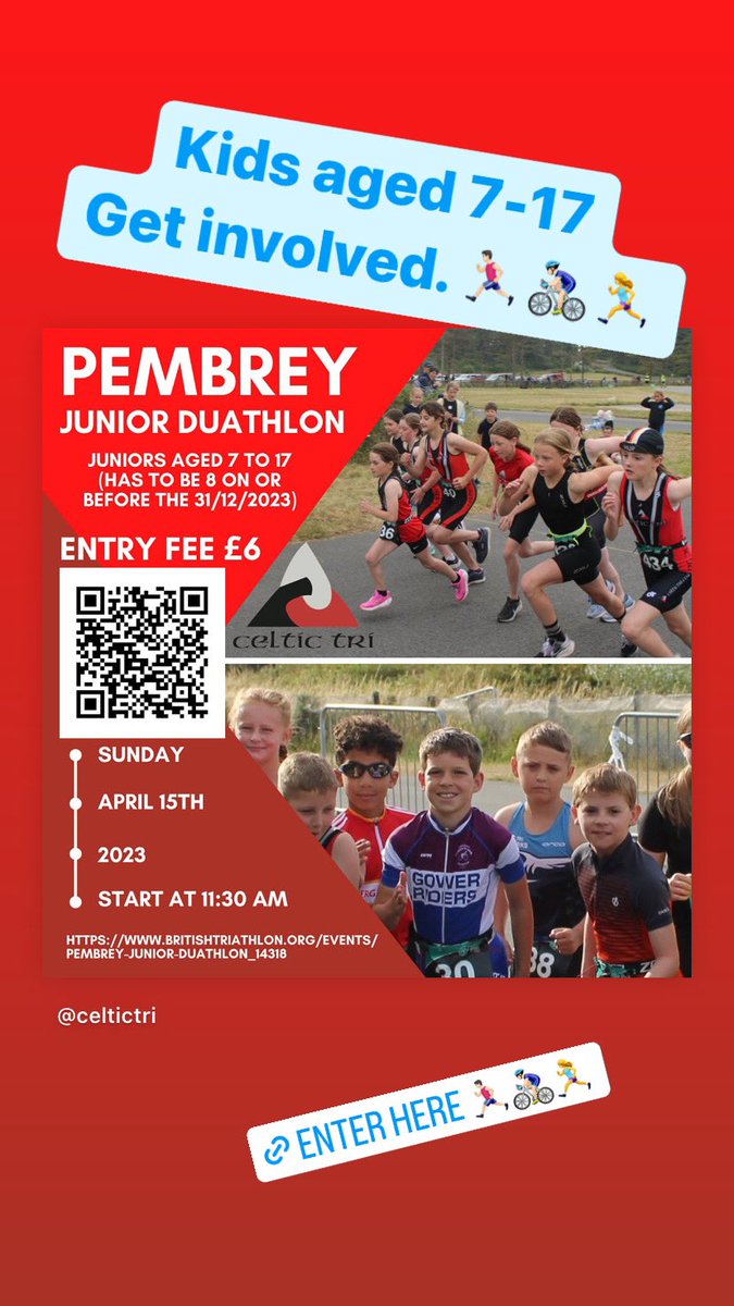 CelticTri's tweet photo. ENTRIES ARE OPEN FOR
PEMBREY JUNIOR DUATHLON

Entry £6, possibly the cheapest event around for juniors!

Sun, 15th April

Aged 7 - 17 (has to be 8 on or before the 31/12/2023)

Book on here ⬇️⬇️
https://t.co/zRnO7DtArB

#triathlon #duathlon #tristars @triathloncymru @Sport_CCS https://t.co/jCkQlJMYPF