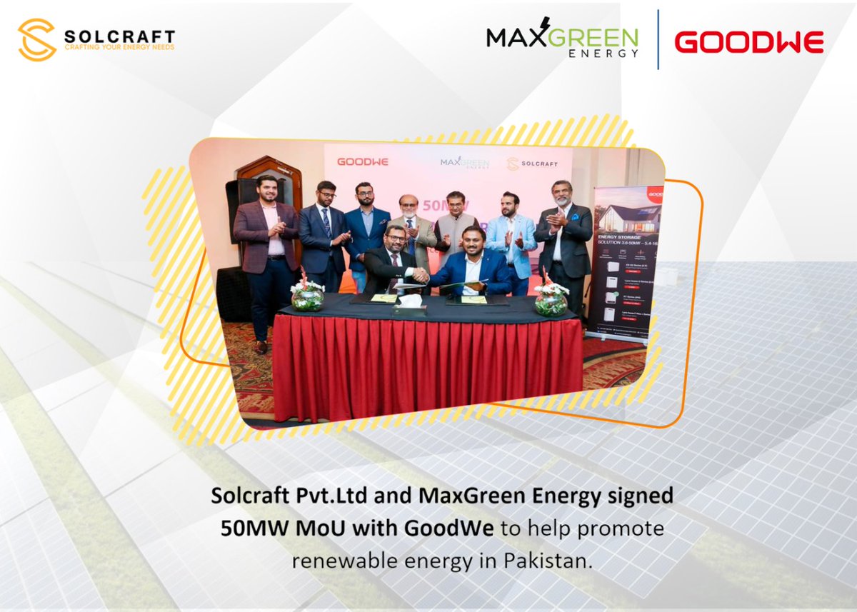 Solcraftpak's tweet photo. Solcraft is committed to providing the best quality renewable energy solutions to its customers in Pakistan. We are delighted to share the news of our MOU signing with GoodWe and MaxGreen Energy and look forward to bringing innovative and cost-effective energy solutions. https://t.co/7IY81u7RQ9