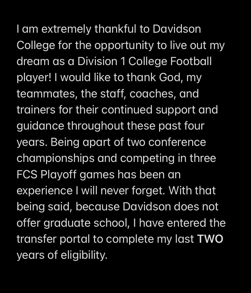 brianjacobs2019's tweet image. So thankful for the opportunity, memories I’ll cherish forever! I have officially entered the transfer portal as a Graduate Student with 2 years of eligibility! @DavidsonFB