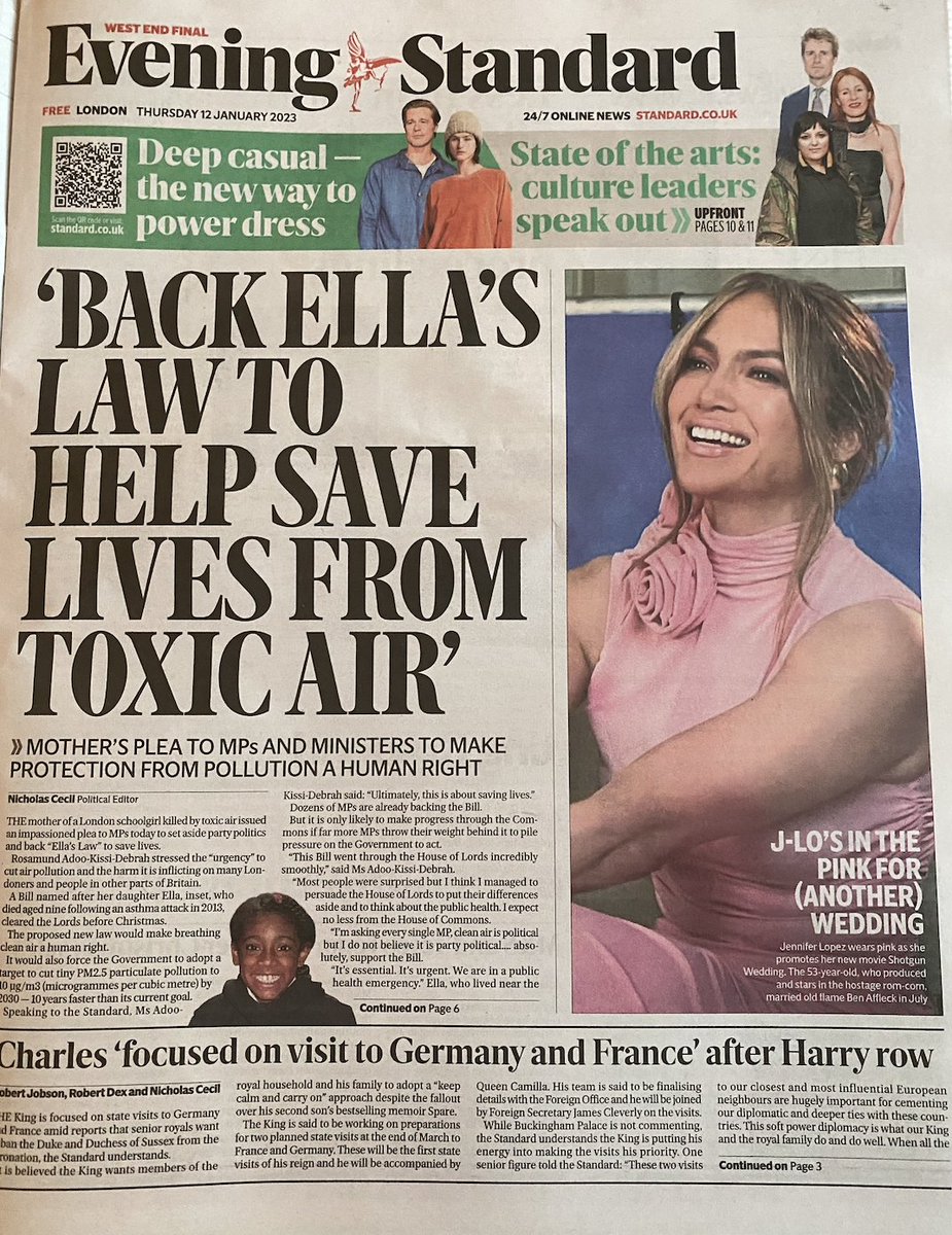 CarolineLucas's tweet photo. So pleased to see #EllasLaw on @EveningStandard front page today - due in no small part to hard work of @EllaRobertaFdn @CleanAirLondon @GreenJennyJones &amp; others. I'm championing the Bill as it passes through Commons &amp; urge MPs to back it - clean air must be a human right for all https://t.co/ZdJrbcPHgz
