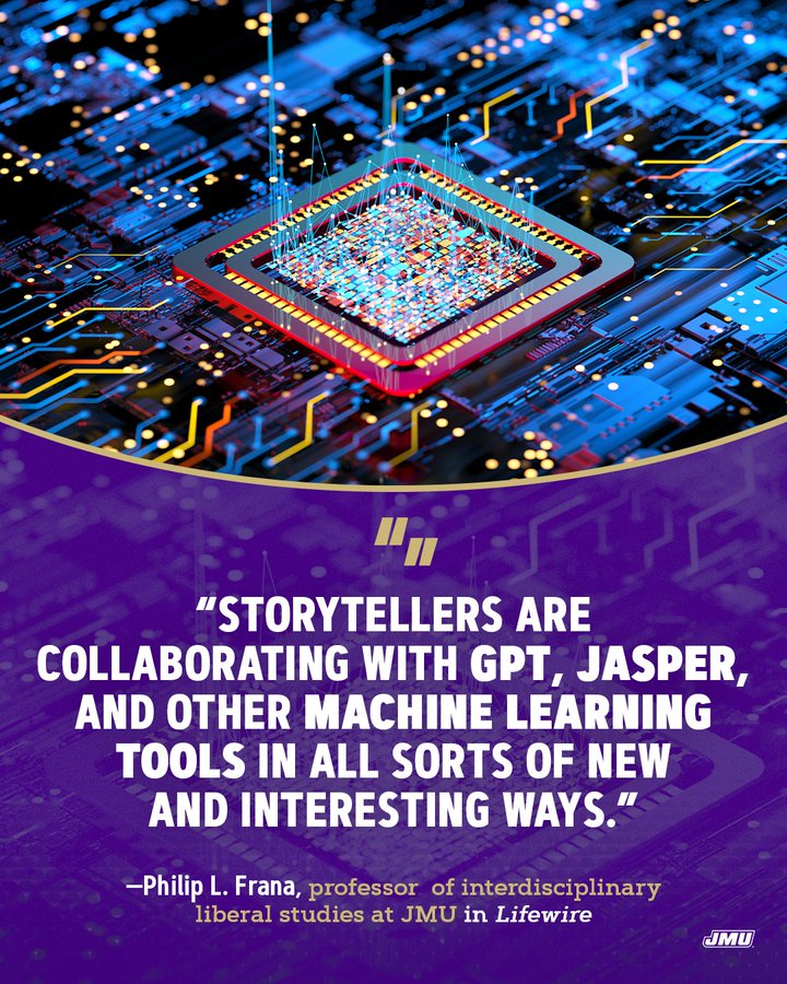 Image of computer chip with quote that reads "Storytellers are collaborating with GPT, Jasper, and other machine learning tools in all sorts of new and interesting ways.?