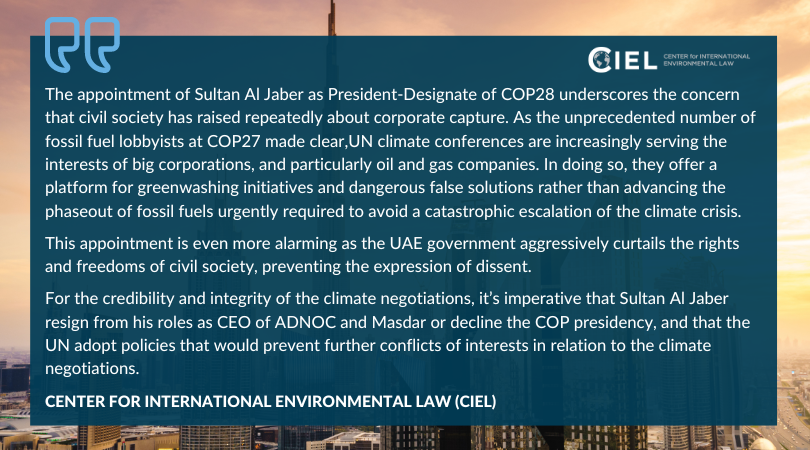 Center for International Environmental Law (@ciel_tweets) on Twitter photo In a troubling but unsurprising sign of things to come, UAE has appointed the CEO of its national oil company as President of the #COP28 climate talks.
This is more than conflict of interest, it reflects the <a href="/UNFCCC/">UN Climate Change</a>’s complete abdication of responsibility for real #ClimateAction. In a troubling but unsurprising sign of things to come, UAE has appointed the CEO of its national oil company as President of the #COP28 climate talks.
This is more than conflict of interest, it reflects the <a href="/UNFCCC/">UN Climate Change</a>’s complete abdication of responsibility for real #ClimateAction.