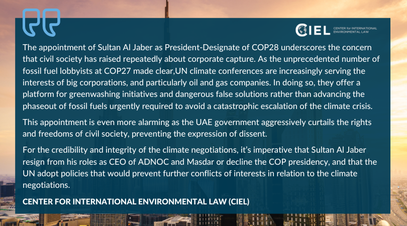 In a troubling but unsurprising sign of things to come, UAE has appointed the CEO of its national oil company as President of the #COP28 climate talks. This is more than conflict of interest, it reflects the @UNFCCC’s complete abdication of responsibility for real #ClimateAction.