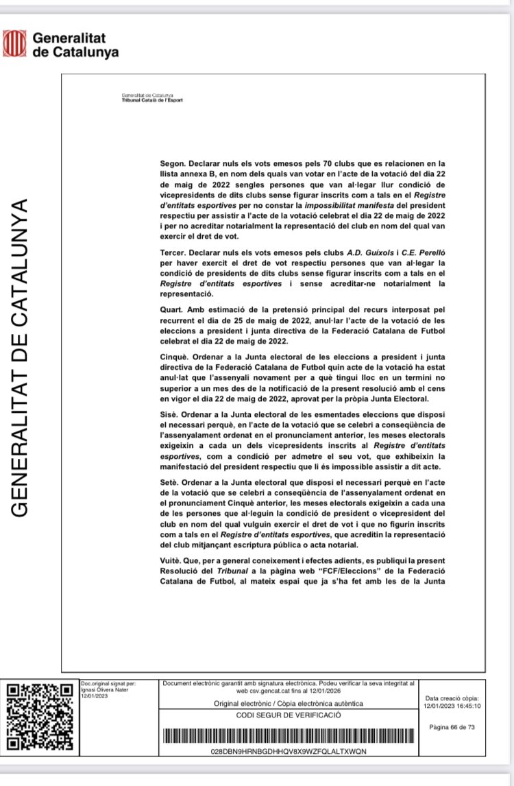 🚨Noticia <a href="/sinconcesiones/">4️⃣0️⃣ años🎂 Sin Concesiones</a> 

LAS ELECCCIONES A LA FEDERACIÓN CATALANA DE FÚTBOL DEBEN REPETIRSE.

El Tribunal Català de l’esport anula la victoria de SOTERAS por 200votos falsos y estima el recurso del candidato Álex Talavera.

La Federación tiene 30 días para convocar elecciones.