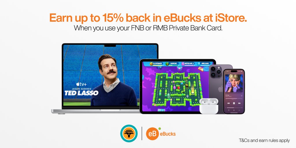 MyiStoreSA's tweet photo. Earn up to 15% eBucks when you purchase your favourite Apple products at iStore - either online or in-store. Ts,Cs & earn rules apply. Shop Now: https://t.co/DI0iwzfnzQ
@FNBSA
#LoveFNB
#TheChangeables
#ShopAtiStore https://t.co/G2432kcRD1