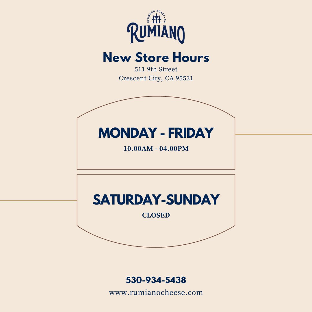RumianoCheese's tweet photo. Please note our new Crescent City store hours! https://t.co/bfEWY2dQv5
