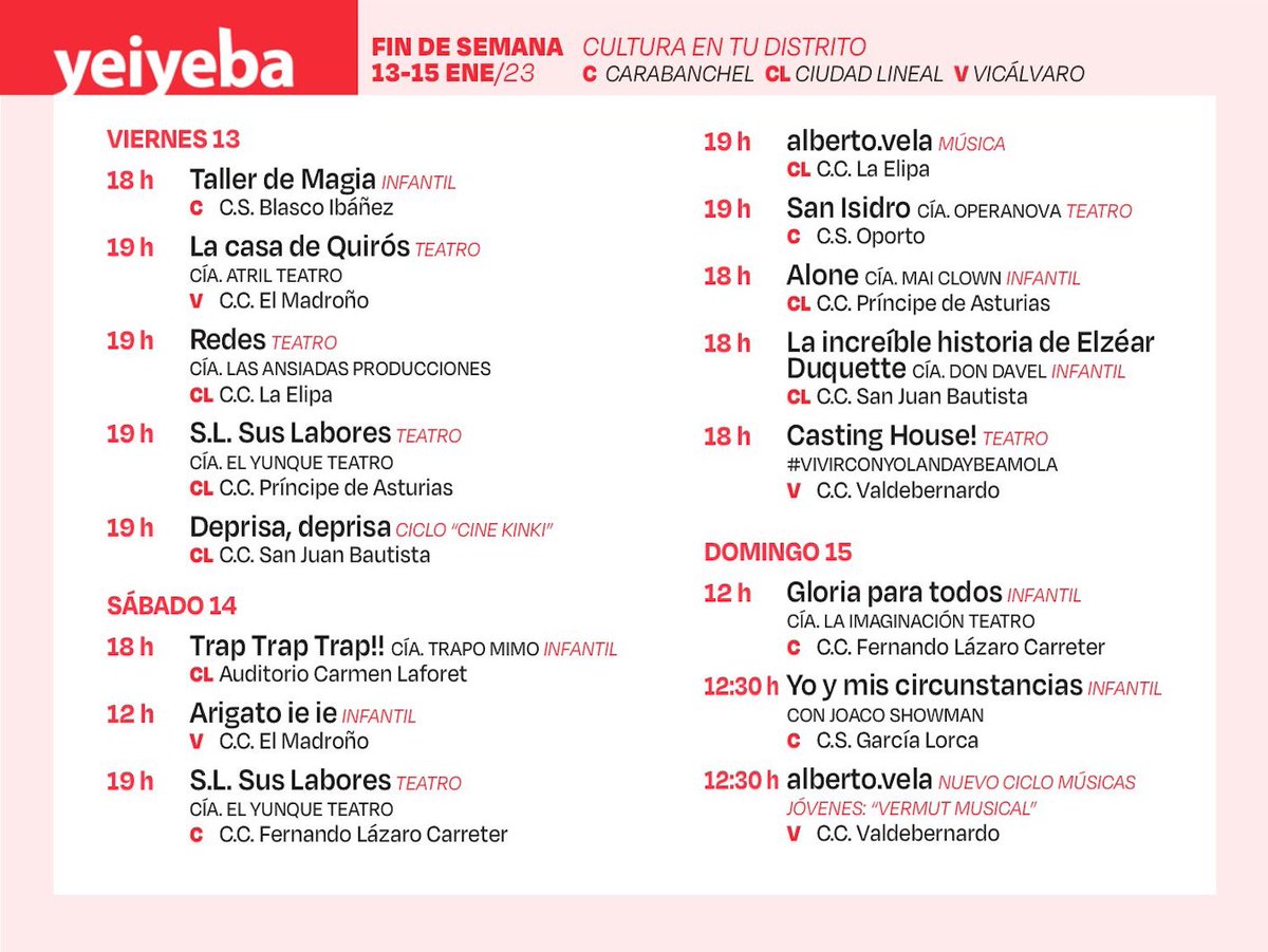 Mañana viernes 13 arranca la programación de 2023 en los centros culturales de <a href="/JMDCarabanchel/">Distrito de Carabanchel</a>, @JMDCIUDADLINEAL y <a href="/jmdvicalvaro/">Distrito de Vicálvaro</a> de Madrid. Toma nota de los planes que hemos preparado 👇