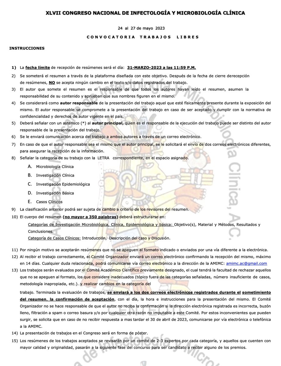 AMIMC8's tweet photo. CONVOCATORIA TRABAJOS LIBRES XLVII CONGRESO AMIMC 2023 https://t.co/nKIKAhDbHy