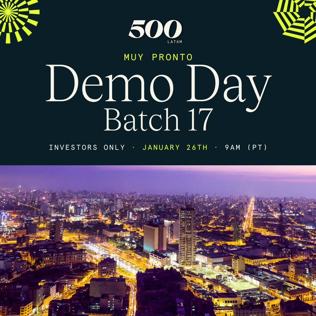 Estamos a unas semanas del Demo Day de nuestro Batch 17.🔥

@AlquilaTuCancha,<a href="/DataIntMx/">DataInt</a>, <a href="/GigstackPro/">Gigstack</a>  <a href="/GuruHotelHQ/">GuruHotel</a> y otras 10 compañías harán su pitch ante nuestra red de inversionistas.💪

Si eres inversionista y quieres saber más del evento, puedes escribirnos a demoday@500.co