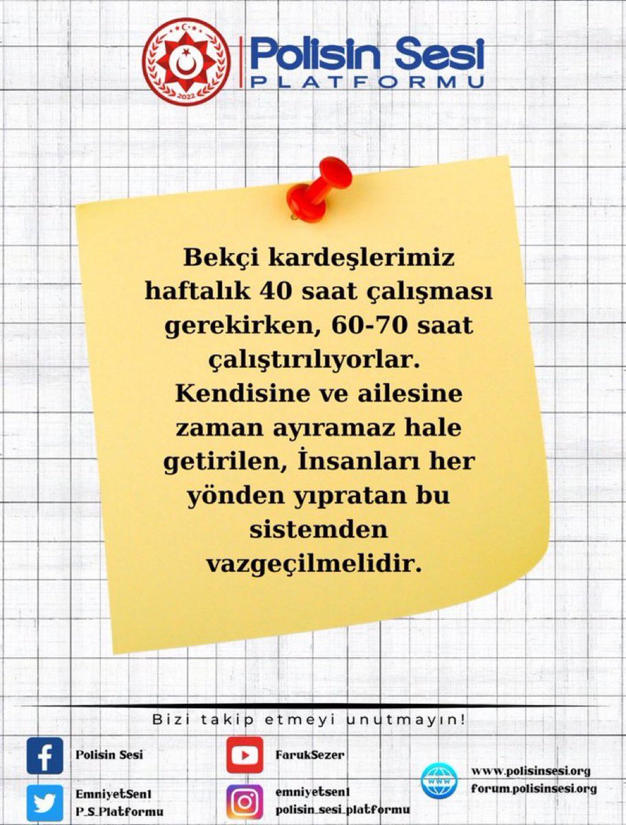 Bekçi kardeşlerimiz haftalık 40 saat çalışması gerekirken 60 70 saat çalıştırıyorlar. 
Kendisine ve ailesine zaman ayıramaz hale getirilen, insanları her yönden yıpratan bu sistemden vazgeçilmelidir. 

#EGMninbekçileri1236istiyor